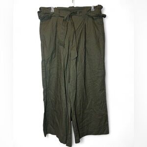 Max Studio Women L Olive Green Wide Leg Crop Culotte Linen Blend‎ Capri Pants